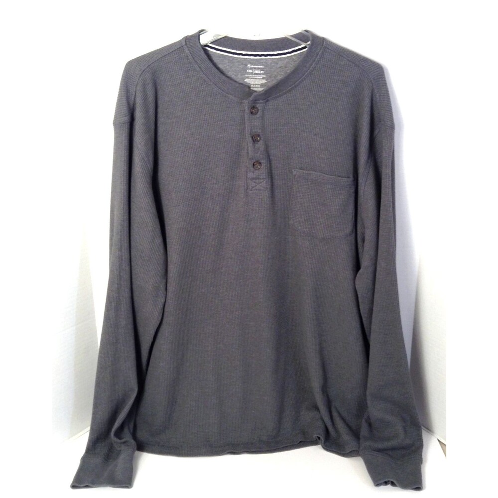 Thermal Henley Men 2XL Gray Waffle Knit Long Sleeve Base Layer Preppy Outdoor